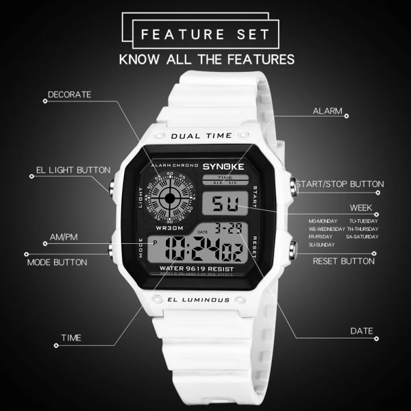 SYNOKE Digitala klockor Herr Sport Luminous Chronograph Vattentät Ultratunna Elektroniska Armbandsur för män Relogio Masculino Gray