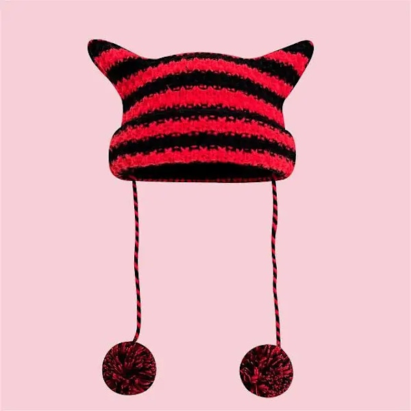 Japansk Streetwear Harajuku Beanie Hatt Liten Djävul Randig Stickad Hatt För Kvinnor Flickor Höst Vinter Söta Kattungeöron Mössa style 01-red