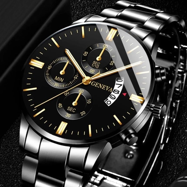 Mode watch i rostfritt stål Lyxkalender kvartsarmbandsur Watch för män Klocka relogio masculino Black Gold