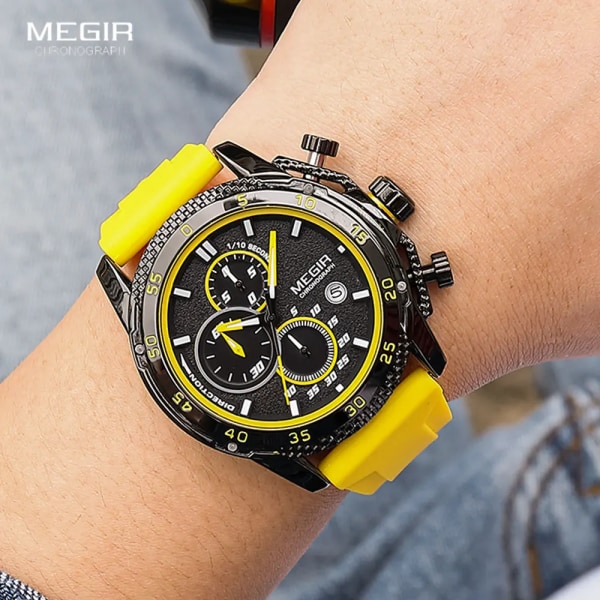 MEGIR Watch för män Mode Silikonband Chronograph Quartz Armbandsur med Auto Date Lysande visare 3atm Vattentät 2211 Yellow