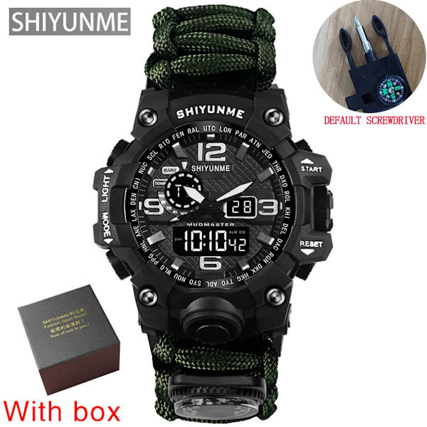 Utomhus Survival Watch Multifunktionell Vattentät Militär Taktisk Paracord Watch Armband Camping Vandring Nödutrustning green with box
