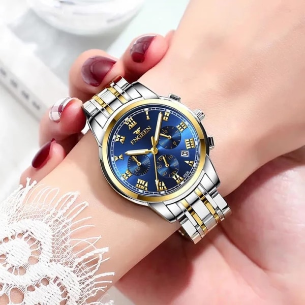 FNGEEN Top Brand Luxury Business Watch Damklockor Rostfritt stål Rosa Röd Quartz Armbandsur Vattentäta lysande visare Silver Gold Blue