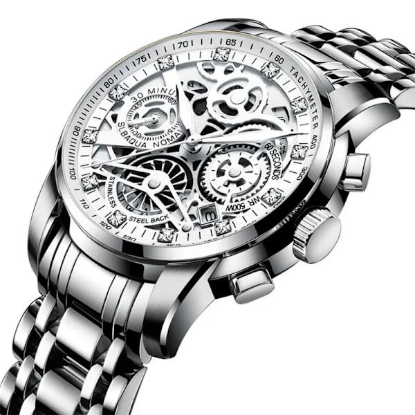 Herrklockor Tourbillon Roterande fönster Top Lyxmärke Mode Kvarts Watch Vattentät Guld Stål Business Armbandsur Silver