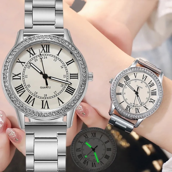 Stålband Enkel Casual Watch Retro Roman Rhinestone Luminous Quartz Watch Lyxarmbandsur för kvinnor 357GD