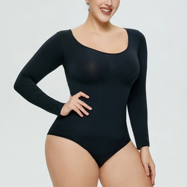 Sexiga jumpsuits för kvinnor sömlösa långärmade one-piece Shapewear för kvinnor Magkontroll ärmlös kroppsformare Black S