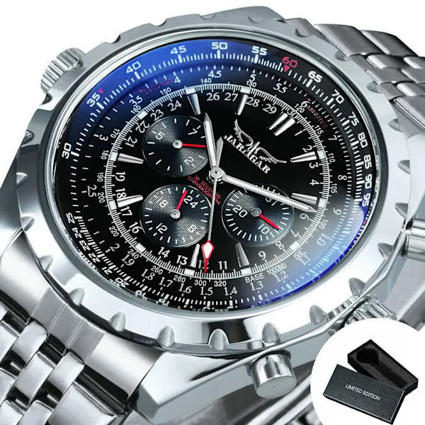 Toppmärke Lyx VINNARE Herr Mekaniska klockor 2017 Automatiska Armbandsur Herr Läderrem 3 Sub-dials 6 visare Reloj Hombre BO METAL SILVER-BLK