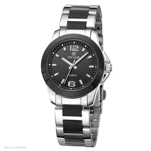 MEGIR Dam enkel rund urtavla kvartsklockor i rostfritt stål Vattentät armbandsur för kvinna MS5006L Silver Black