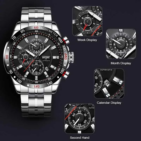 BOYZHE Män Watch Automatisk Mekanisk Watch Vecka Månad Kalender Display Lysande händer Vattentäta klockor för män Sliver Leather box