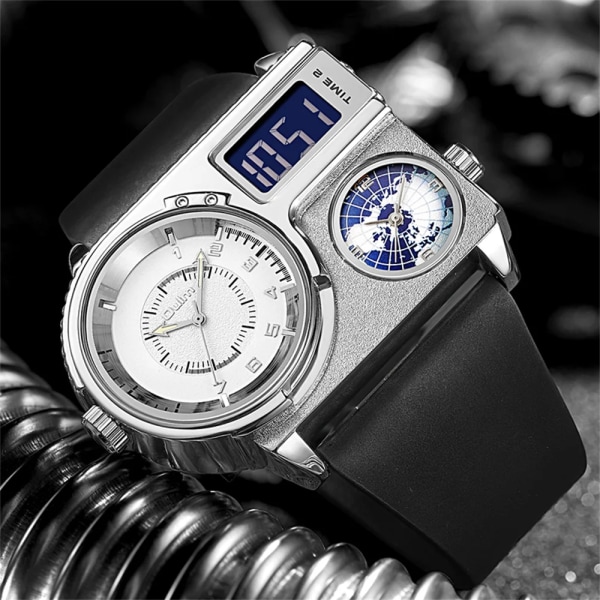 Oulm 5026 New Dual Display Två tidszon Watch Man Big Dial Quartz Clock Timmar Herr Armbandsur i äkta läder black blue with box