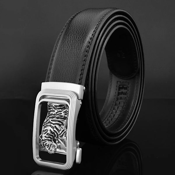 Lyxmärke tiger automatiskt spänne man vitt bälte äkta läder modedesigner Casual Hög kvalitet ceinture homme Black  silver(.184) 110cm(.184)
