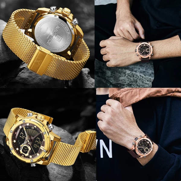NAVIFORCE Originalklockor för män Lyxmärke Quartz Dual Display Militär watch Mesh stålband Vattentät klocka GCEG
