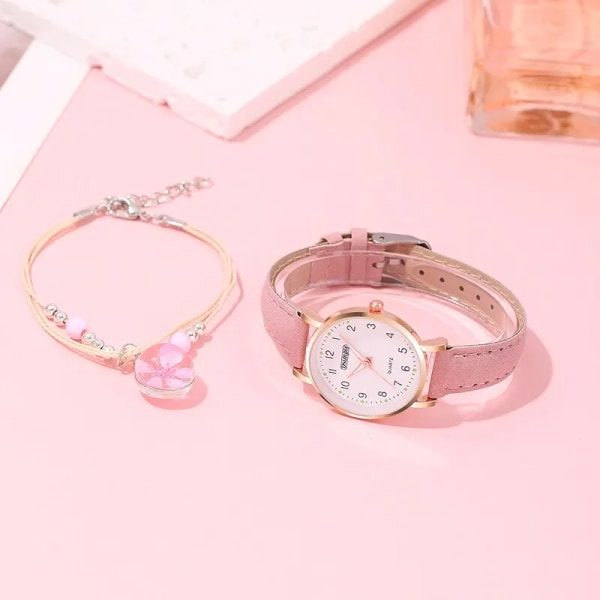 2ST Set Lyx Kvinnor Quartz Watch Girls Present Mode Rosa Läder Klockor Student Trendiga med Armband för Kvinnor Reloj Mujer Pink