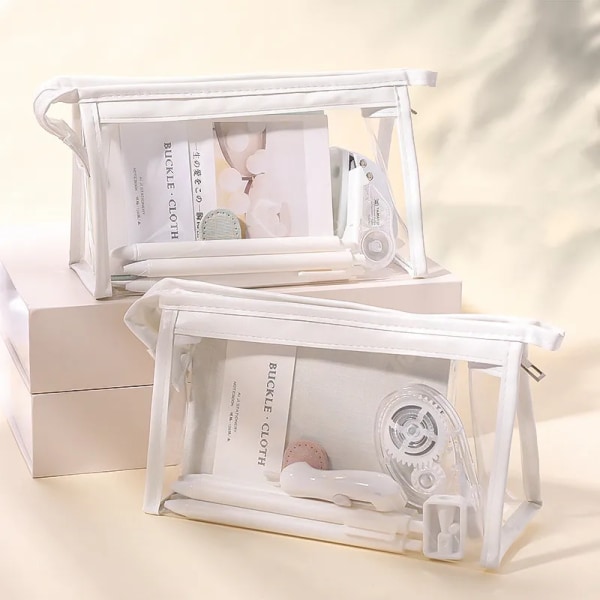 Stor kapacitet Kvinnor Transparent sminkväska Pennväska Exam Skola Brevpapper Förvaring Case Tjej Kosmetisk Triangulär låda Present white 20x8x12.5cm