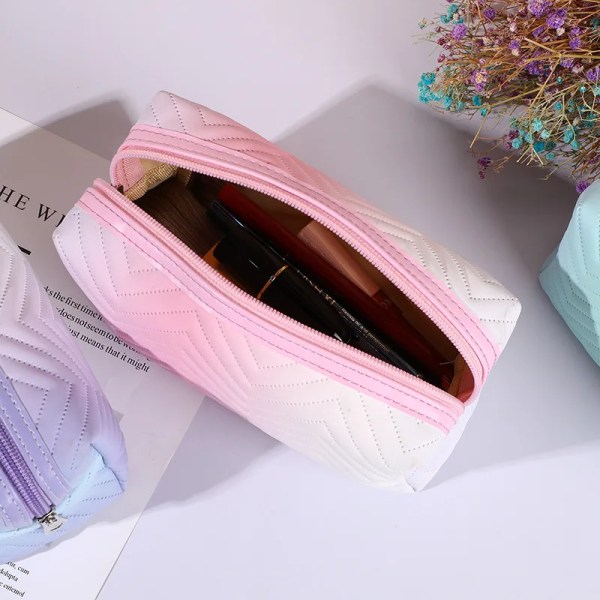 1 st Gradient Color Makeup Bag för Kvinnor Dragkedja Pu Läder Kosmetikväska Påse Resor Stor kvinnlig sminkpåse Nödvändig Purple(.166)