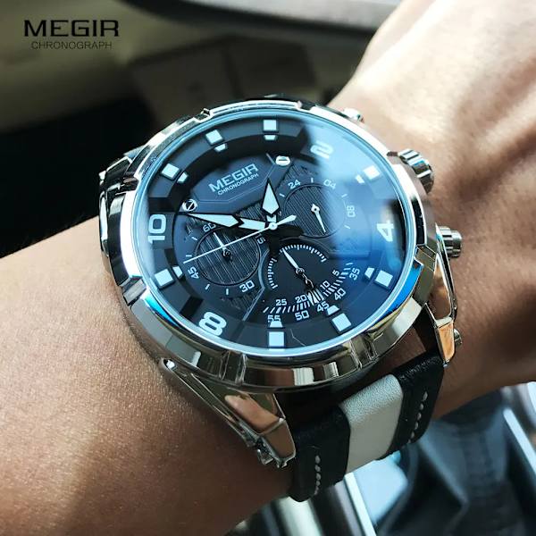 MEGIR Mode Herrkronograf Kvartsklockor Läderrem Lysande händer 24-timmars Sport Analog Armbandsur för Man 2076Vit Red Black-Box