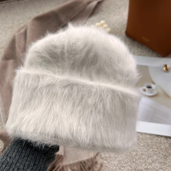 Angora Vintermössa för Kvinnor Stickad Fluffig Beanie Dammode Varm Plysch Skalle Kvinnors Tjocka Fleecehattar Dark Gray One Size (Stretch)