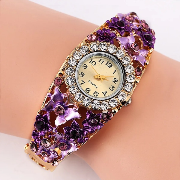 Damklockor i rostfritt stål Rhinestone Quartz Watch Dammode Blomma Vintage Armring Elegant armbandsur zegarek damski Grape purple