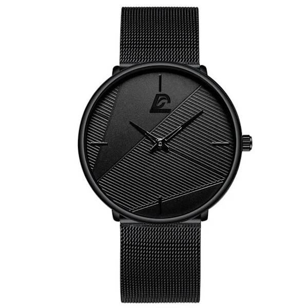 Märke Herrklockor Herr Enkelt Ultratunt mesh i rostfritt stål Bälte Quartz Clock Man Business Läder Armbandsur reloj hombre Mesh Black Black