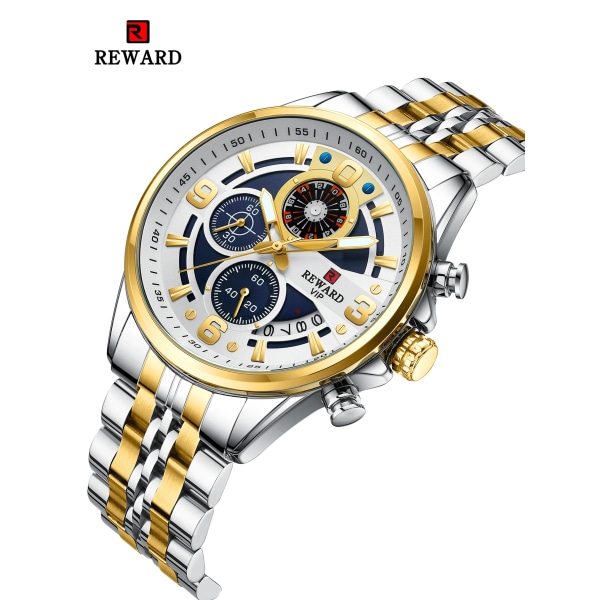 REWARD Design Quartz Armbandsur för män Sport Vattentäta klockor Rostfritt stål Kronograf Luminous Watch Gold White