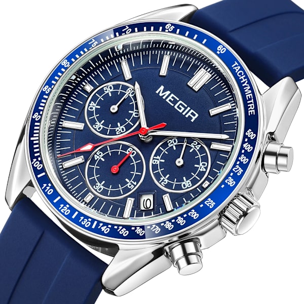 MEGIR Chronograph Quartz klockor för män Militär sport Vattentät herrarmbandsur med silikonrem Auto Date Lysande händer Blue