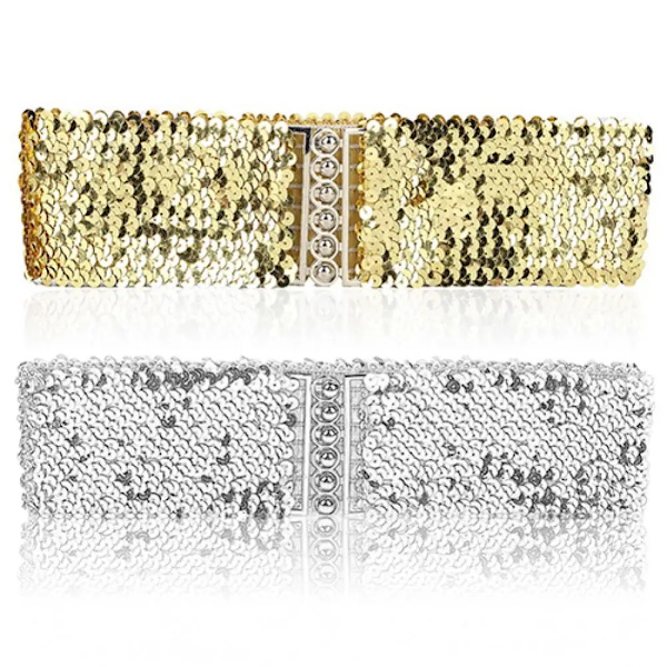 Guld Silver Färg Bälte Cool Punk Glittrande Paljetter Elastisk Stretch Bred midjeband Dam Klänning Midjebälte Smycken Tillbehör Gold 70cm