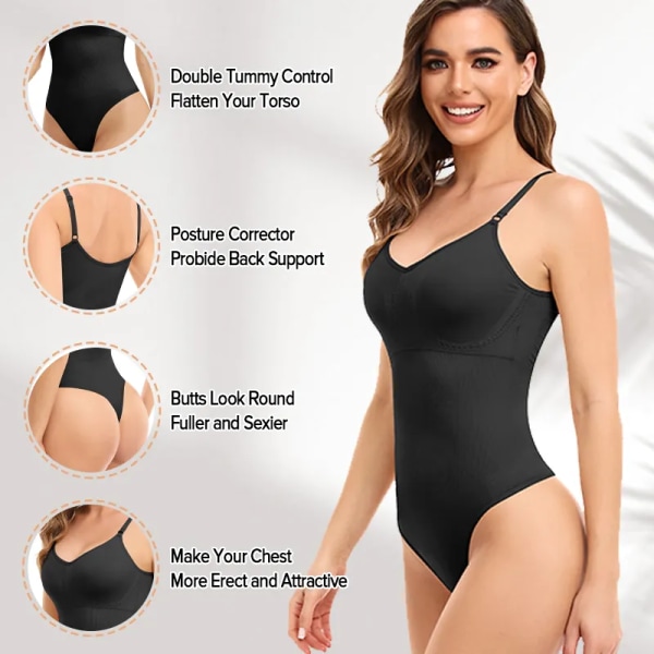 Sexig stringtrosa för kvinnor Magkontroll Shapewear V-ringad linne Underkläder Jumpsuit Slät kroppsformare midja Smal underkläder Black-Thong S