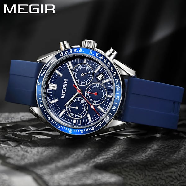 MEGIR Chronograph Quartz klockor för män Militär sport Vattentät herrarmbandsur med silikonrem Auto Date Lysande händer Blue