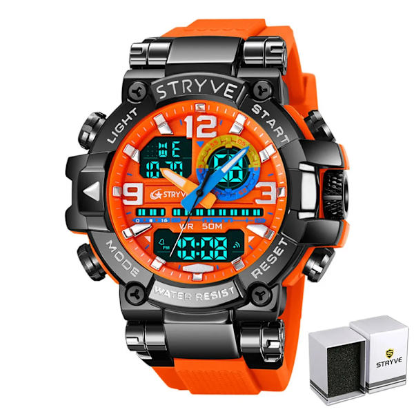 Ny STRYVE- watch för män Digital-Analog Dual Movement Lysande kalender Vattentäta klockor Mode Watch 8025 Black Orange Box