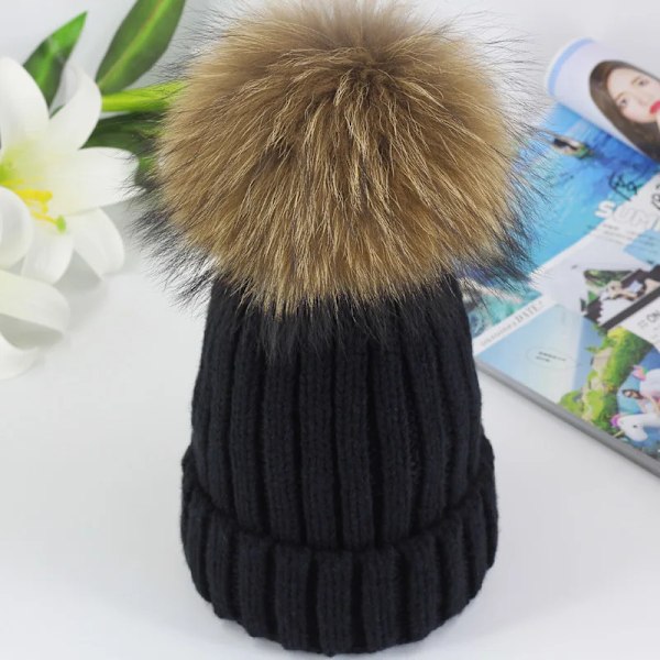 Vintermössa med Pompom i Mink och Ball Cap för Kvinnor och Flickor, Stickad Beanie, Helt Ny, Tjock Kvinnomössa, 50-54-60 cm black(.101) child 50-54CM