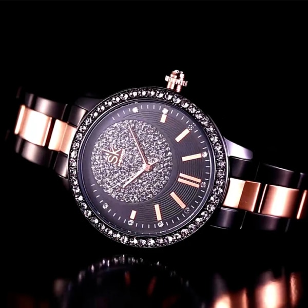 Shengke Rose Gold Relogio Feminino Japansk watch för kvinnor Crystal Luxury Black Watch med 6 månader 11K0075L02SK