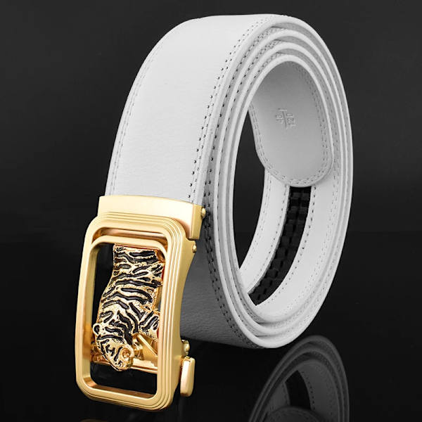 Lyxmärke tiger automatiskt spänne man vitt bälte äkta läder modedesigner Casual Hög kvalitet ceinture homme White gold 115CM