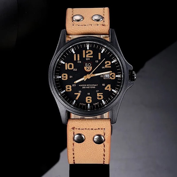 Märke Sport Militärklockor Mode Casual Quartz Watch Läder Analog Herr 2020 Ny SOKI Lyxarmbandsur Relogio Masculino Khaki