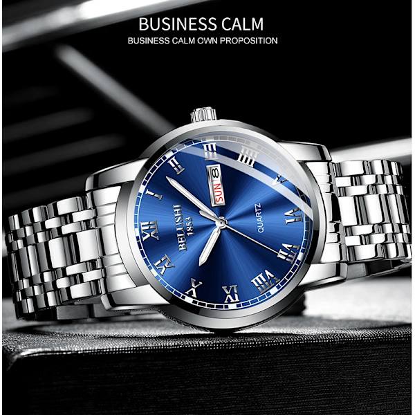 BELUSHI Herrmode Business Quartz Klockor Topp Lyx Märke Helt Stål Vattentät Analog Armbandsur Herr Kalenderklocka Silver