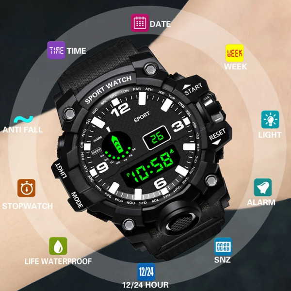 YIKAZE Svart Watch Militär Watch Digitala herrklockor Vattentät Countdown Date LED Elektronisk Armbandsur Klocka A-Blue