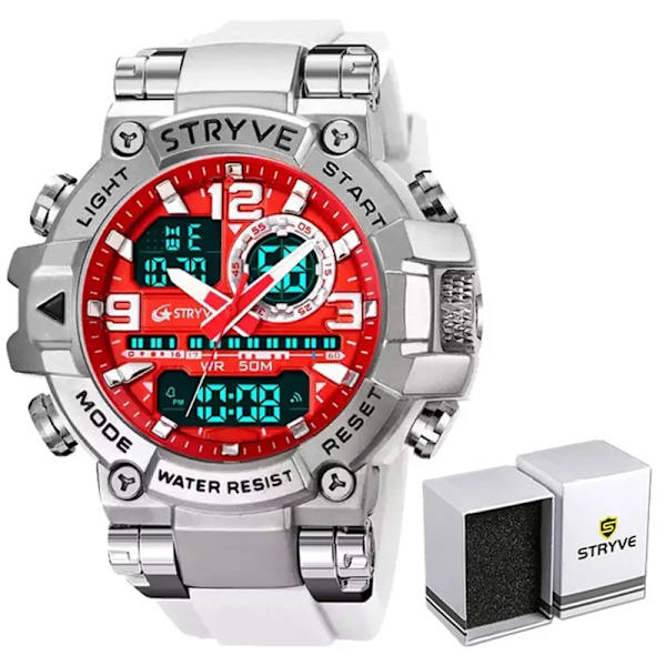 Ny STRYVE- watch för män Digital-Analog Dual Movement Calendar Week Vattentäta klockor Mode Sport Herrarmbandsur 8025 Silver White