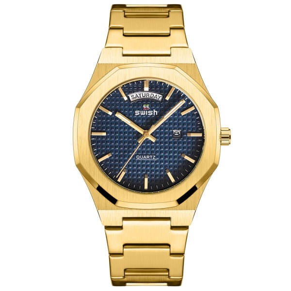 Ny åttkantig design Quartz Armbandsur Herr Klänning i gyllene rostfritt stål Watch Datum/vecka Funktioner Lyx dykarklocka Man Gold Blue