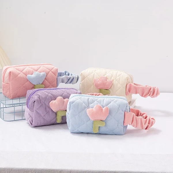 1 Set Enfärgad Blomma Makeup Bag Set Dragkedja Stor Mjuk Manchester Kosmetikväska Kvinnlig Resesmink Case Set pink