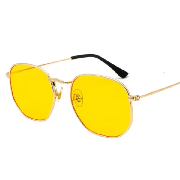 Hexagon Solglasögon Dam Märke Designer Solglasögon Män Fyrkantig metallbåge Körning Fiske Glasögon Goggle Zonnebril Mannen gold clear yellow No Polarized