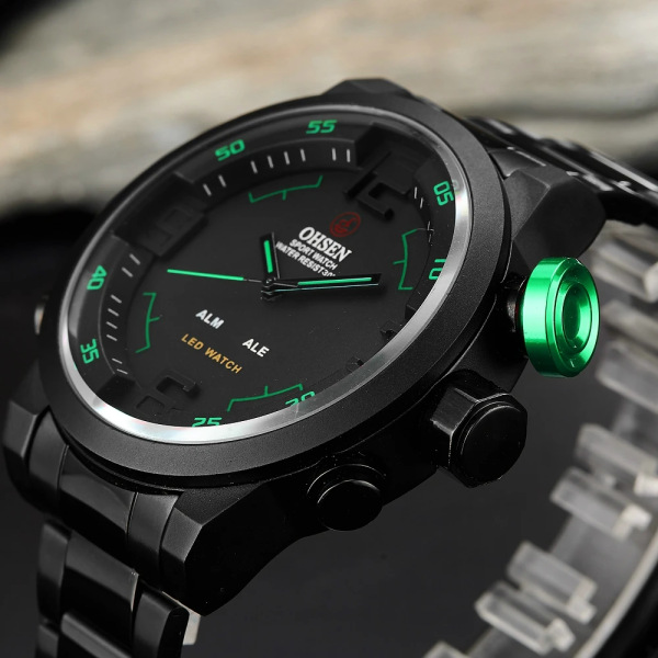 Nytt märke OHSEN Digital Quartz Herr Business Armbandsur Vit Helt stålband Mode LED Militärklänning Casual Watch Present Black green Watch