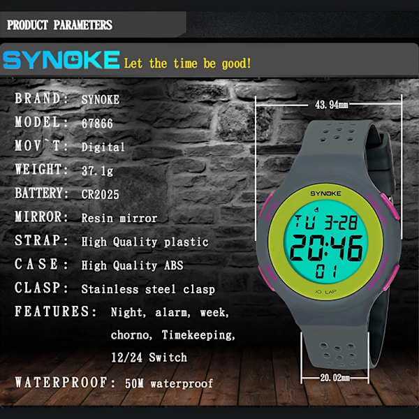 SYNOKE Watch 30M Vattentät Militär LED-skärm Multifunktionell väckarklocka Digitala klockor Herr reloj hombre Gray Watch