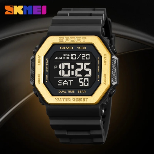 SKMEI 1988 Outdoor Sport Watch Herr Väckarklocka Chrono Clock 5Bar Vattentät Militär Klockor LED Display Digital Watch Reloj Hombre gold