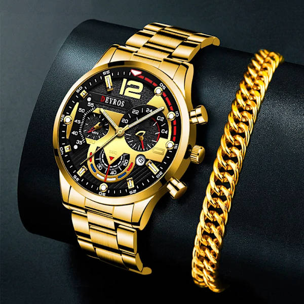 Lyx Herrklockor Herr Guld Armband Rostfritt Stål Kvarts Watch För Herr Business Luminous Clock relogio masculino As Shown 3