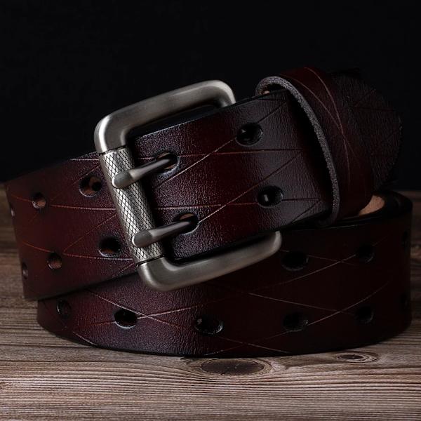 Mäns läder dubbelnålsspänne Klassiskt dragradshål Jeansbälte Cowboy Round Hole Coffee 105CM