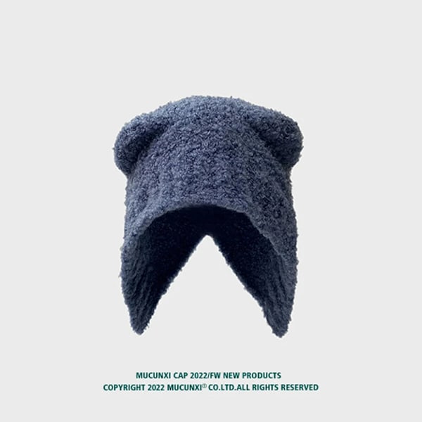 Nya Öron Höst Vinter Beanies Söta Säkerhetsbjörnar Hatt För Kvinnor Varm Tjock Lamb Fleece Resehätt Pullover Utomhus Dammössa Fog blue Adult average size