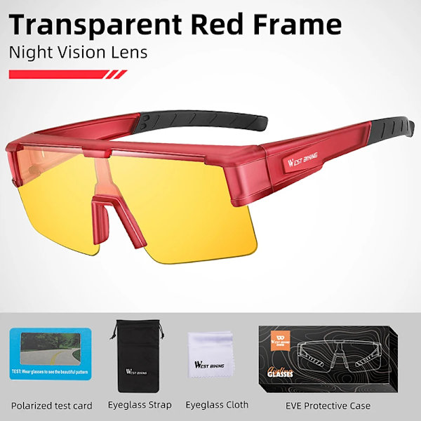 WEST BIKING Myopic Polarized Square Solglasögon Män Photochromic Cykling Passform över glasögon Köra Fiske Glasögon Cykelglasögon Red x Night Vision
