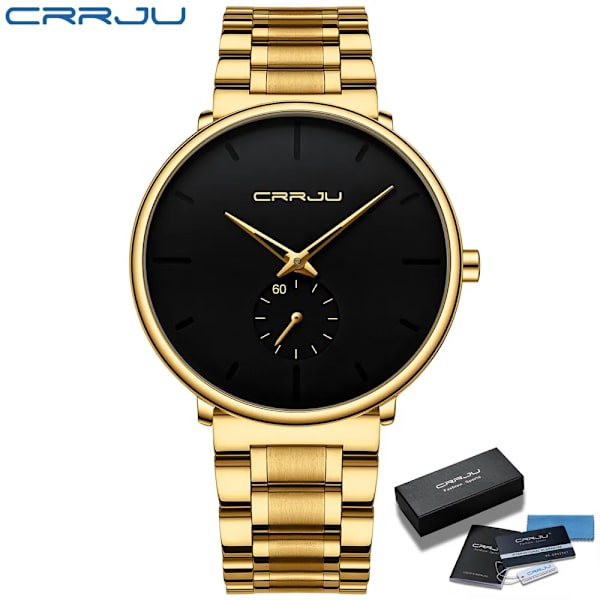 CRRJU Herrklockor Watch i rostfritt stål Casual Lyx Vattentät Watch för Herr Watch Relogio Masculino Gold black-BOX