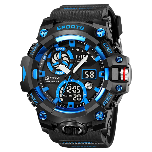 STRYVE Märke Herr Sportklockor Dual Display Analog Digital LED Elektronisk Quartz Armbandsur 50m Vattentät Watch 8027 Transparency red