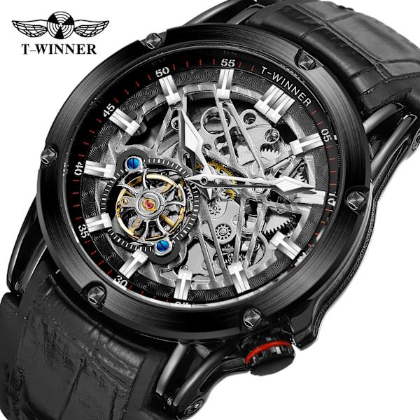 T-vinnare Ny 2023 män automatisk mekanisk watch Läderrem Skelett Mode Vattentät för manliga presentklockor black