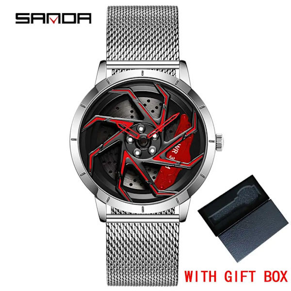 Mode Hot Sell Bilfälg Herr Klockor Rostfritt stål Vattentät watch 360 graders roterande hjul Fälgskiva Quartz Armbandsur Mesh silver red box