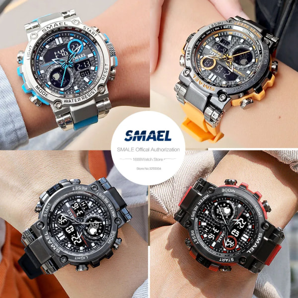 SMAEL Light Blue Sport Digital Watch för män Vattentät Dual Time Display Chronograph Quarz Armbandsur med Auto Date Week 1803B Black-Box